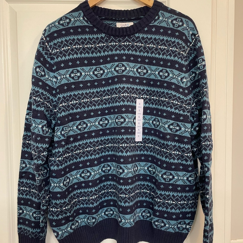 Croft and Barrow Men's Nordic Pattern Crewneck Sweater - Blue and Navy
